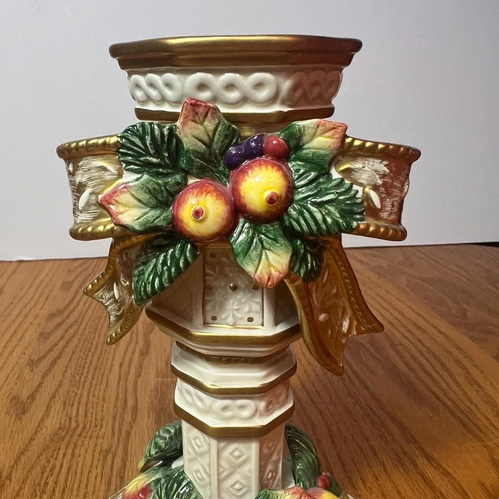 Vintage Fitz & Floyd Classics Christmas Taper Candle Holder Holly Fruit Gold 10